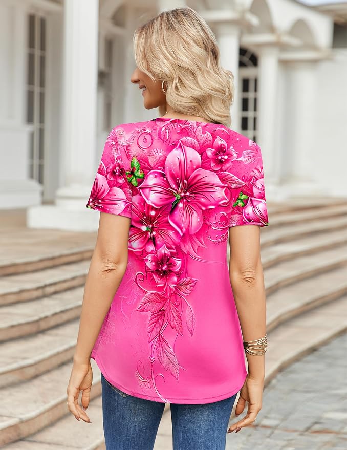 Zeagoo Womens Short Sleeve Tops Summer Henley V-Neck Tshirts Casual Pleated Blouse Dressy Loose Floral Basic Tee
