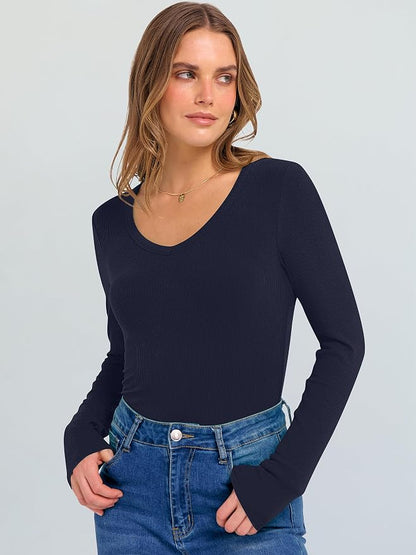 ANRABESS Long Sleeve V Neck Shirts for Women | Soft Comfy Ribbed Knit Fitted Tshirts, Casual Going Out Tops, 2026 Trendy Basic, Fall Winter Underscrub Layering Clothes