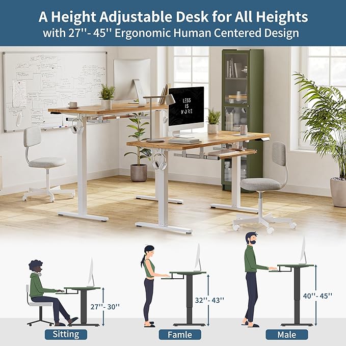 BANTI 63" x 24" Height Adjustable Electric Standing Desk with Keyboard Tray, Sit Stand up Desk with Splice Board, White Frame/Light Rustic Brown Top