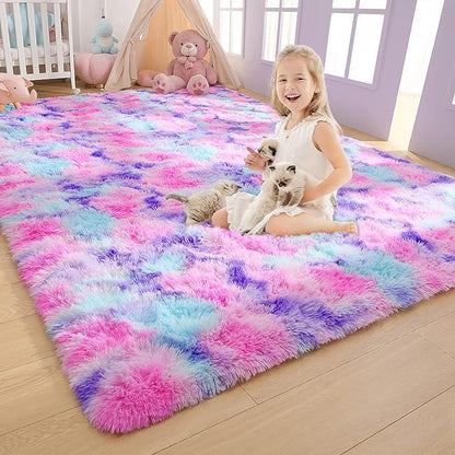 AROGAN 8x10 Feet Soft Rainbow Area Rugs for Kids Girls Room, Fluffy Cute Colorful Princess Carpet for Kids Teens Nursery Toddler,Bedroom, Hot Pink