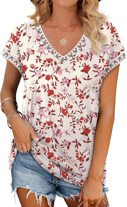 WIHOLL Womens Summer Tops 2026 Cap Short Sleeve Shirs V Neck T Shirts Fashion Beach Vacation Clothes Color Block
