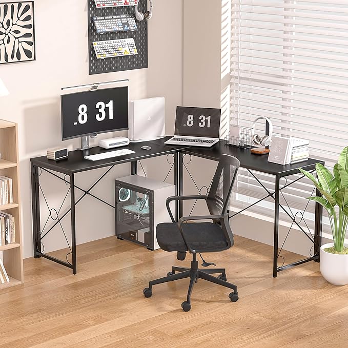 VECELO 59"x59" L Shaped Desk for Computer Gaming Multi-Usage Long 2 Person Table for Home Office Sturdy Writing Workstation, Easy Assembly/Saving Space, Black