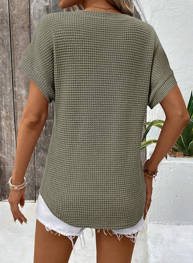 Dokotoo Womens Waffle Knit Tops 2026 Spring Summer V Neck Shirts Casual Trendy Women's Blouses Basic Tee