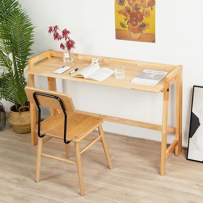 Computer Desk, Foldable Desk, Home Office Desks, Solid Wood Writing Desk, Mid Century Modern Desks, Oak Study Table, Folding Desks for Small Spaces, 47.2 W x 27.6 H x 13.6 D Inches, Natural