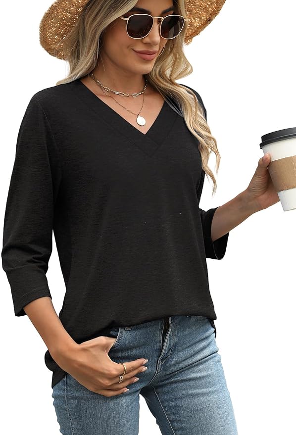 WIHOLL Womens Tops 3/4 Length Sleeve V Neck Casual Tunic Tops Basic Shirts Loose Fit Blouse
