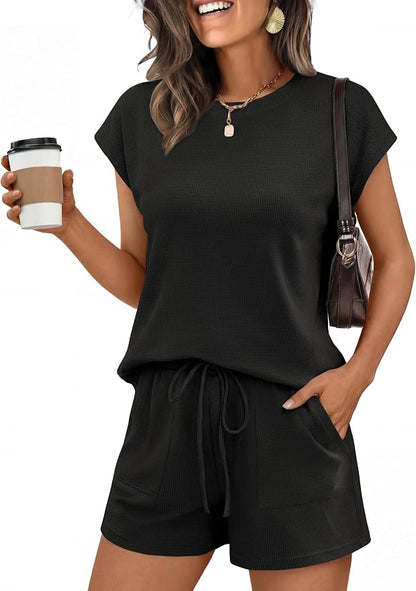 ANRABESS Womens Waffle Knit 2 Piece Short Sets Cap Sleeve Summer 2026 Matching Lounge Outfits Travel Beach Vacation Sweatsuit