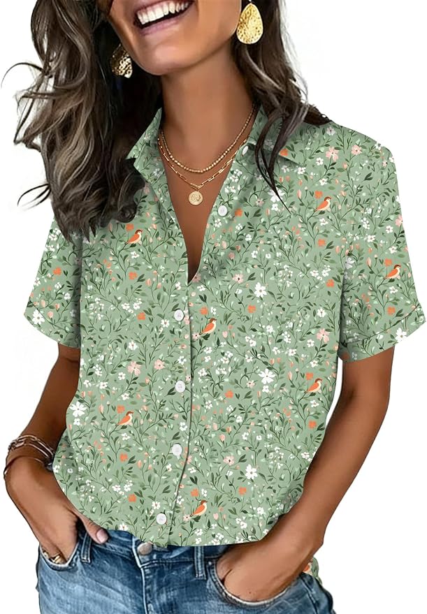 Zeagoo Button Down Shirts for Women Short Sleeve Collared Tops Dressy Casual V Neck Blouses