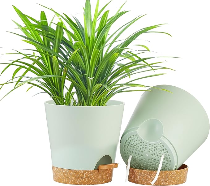 FaithLand 2-Pack 9 Inch Planter Pots for Indoor Outdoor Plants, Self Watering Flower Pots with Deep Reservoir, Green with Terracotta …