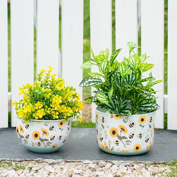 Butterfly & Bee Metal Planters Set of 2 – Decorative Flower Pots with Colorful Garden Prints, Outdoor & Indoor Use Cute Spring Floral Design for Patio, Balcony, Home Decor (Bee)