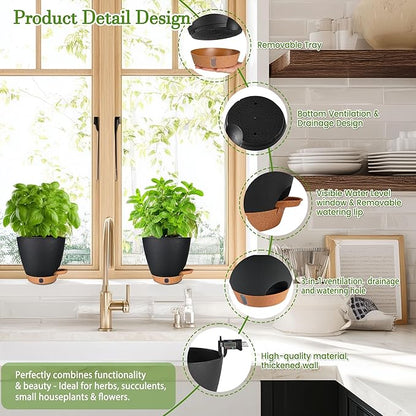 6 Inch Self Watering Pots for Indoor Plants (5-Pack) – Small Plastic Planters with Water Window, Drainage Holes & Trays, Indoor Outdoor Flower Pots for Herbs, Succulents, Home Garden Decor (Black)