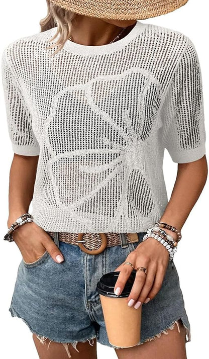 Dokotoo Womens Summer Short Sleeve Crochet Tops Hollow Out Floral Sweaters Beach Vacation Cruise Outfits