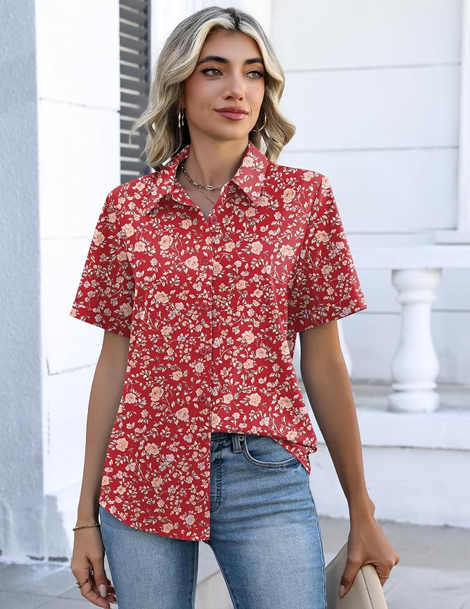 Zeagoo Button Down Shirts for Women Short Sleeve Collared Tops Dressy Casual V Neck Blouses