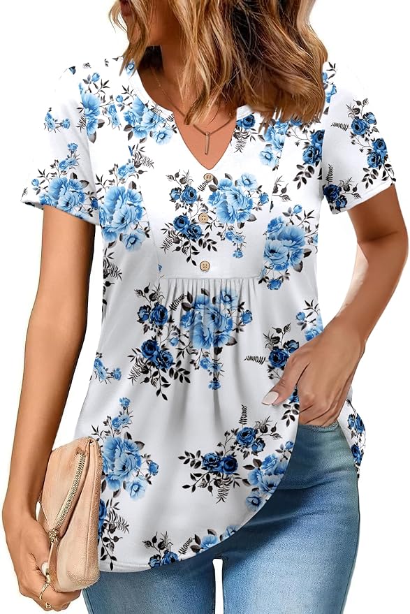 Zeagoo Womens Short Sleeve Tops Summer Henley V-Neck Tshirts Casual Pleated Blouse Dressy Loose Floral Basic Tee