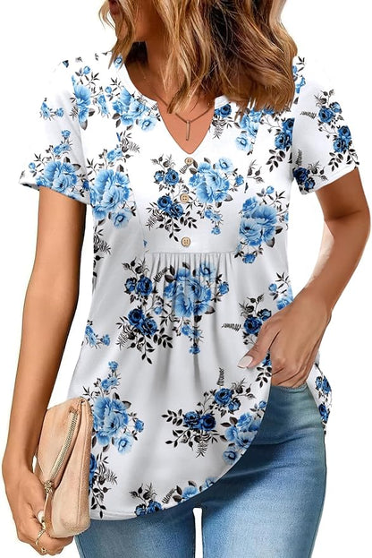 Zeagoo Womens Short Sleeve Tops Summer Henley V-Neck Tshirts Casual Pleated Blouse Dressy Loose Floral Basic Tee
