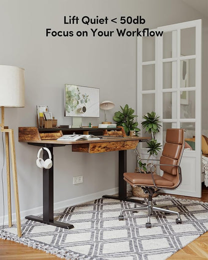 BANTI 48 x 24 Inch Electric Standing Desk with 3 Drawers, Adjustable Height Stand Up Desk, Sit Stand Home Office Desk with Storage Shelf, Rustic Brown Top