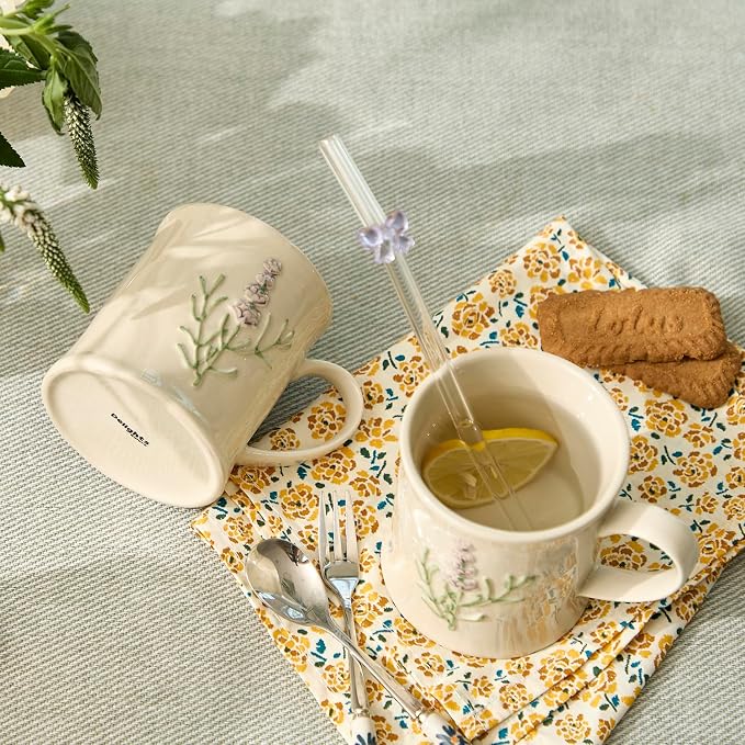 Artisanal Handcrafted Ceramic Mug with Sage Botanical Design - 10oz Off-White Stoneware Coffee Cup, Elegant Purple Sage Pattern, Dishwasher Safe, Comfort Grip Handle for Daily Use-4pack