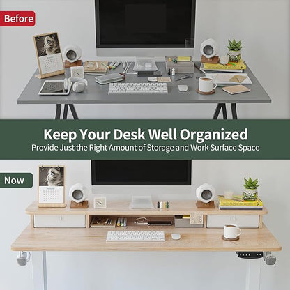 FEZIBO 55 x 24 Inch Height Adjustable Electric Standing Desk with Double Drawer, Stand Up Desk with Storage Shelf, Sit Stand Desk, Maple