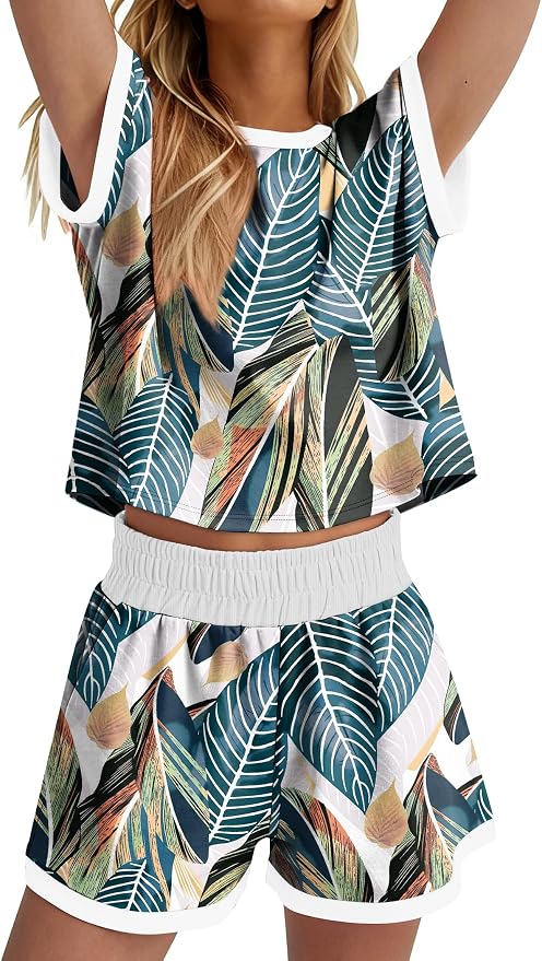 WIHOLL Two Piece Sets for Women Summer Lounge Short Sets Cap Sleeve Crew Neck Sweatsuit with Pocket XS-2XL
