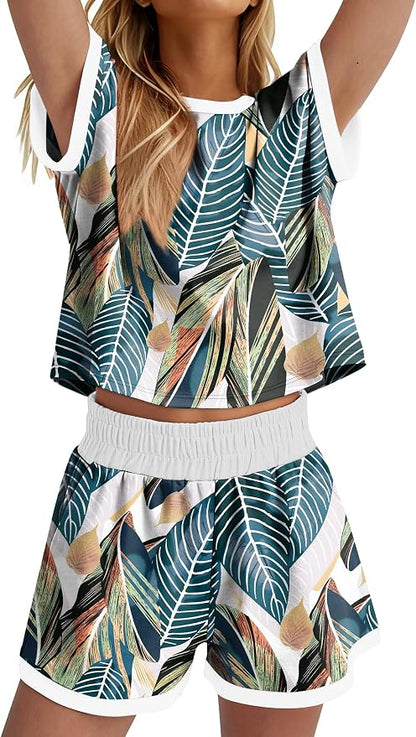 WIHOLL Two Piece Sets for Women Summer Lounge Short Sets Cap Sleeve Crew Neck Sweatsuit with Pocket XS-2XL