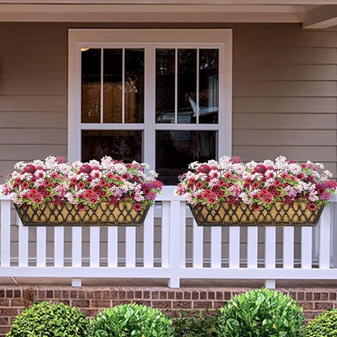 4 Pack 24 Inch Window Boxes Planters Railing Planter Box with Adjustable Brackets for Porch Fence Patio Balcony Hanging Flower Baskets with Coco Liners for Outdoor Garden Decor - Bronze