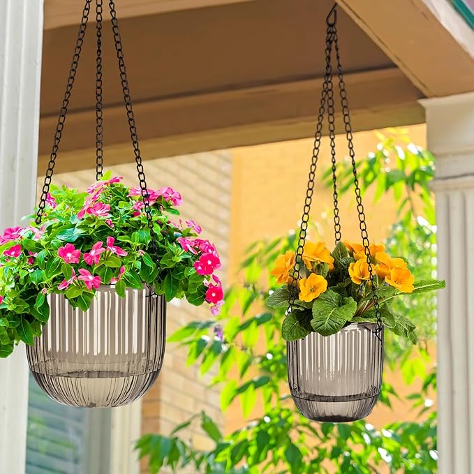Maxcheck 4 Pcs Self Watering Hanging Planters Indoor Gift 6.5'' 4.5'' Hanging Flower Pots Baskets Outdoor Self Watering Plant with 3hooks Drainage Holes for Home(Gray)