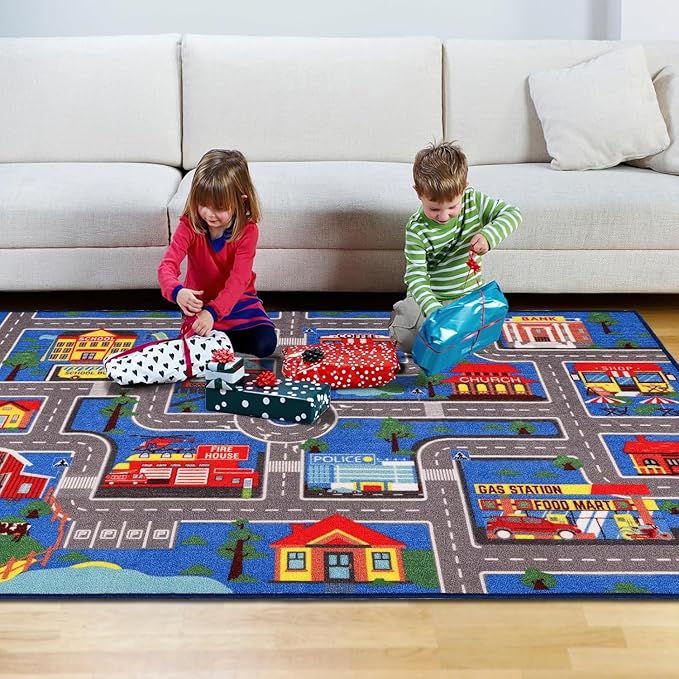 Kids Carpet Playmat Rug 78.7"x59", Car Rug for Kids Cars, Non-Slip Town City Road Map Kids Rug for Playroom Bedroom Boys, Kids Car Mat Road Rug, Track Rug Car Play Rug for Kids (78.7X59Inch,Blue)