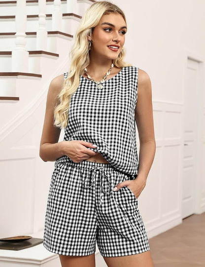 LOMON Women's Trendy 2 Piece Outfits Shorts Sets Summer Crew Neck Sleeveless Tank Top and Bottom Matching with Pockets 2026