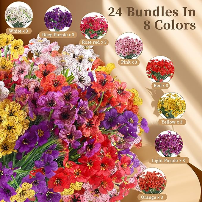 24 Bundles Artificial Flowers for Outdoors/Indoors, Fake Flowers Plants for Indoor Outside Garden Porch Window Box Home Wedding Farmhouse(8 Color)
