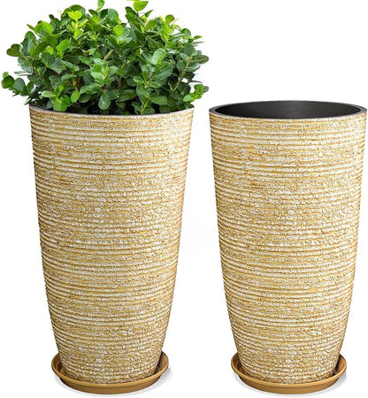 QCQHDU Set of 2 9 Gallon Tall Large planters for Outdoor/Indoor Plants of 12" Dia x 21" H Round Flower Pots Set Faux Stone Finish Front Door Patio Square Porch Planters with Tray, Beige