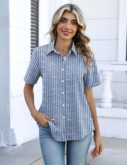 Zeagoo Button Down Shirts for Women Short Sleeve Collared Tops Dressy Casual V Neck Blouses