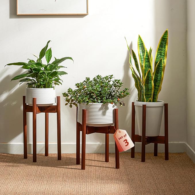 Adjustable Plant Stand Indoor, Bamboo Plant Holder 8 to 12 Inches, 3 Pack Single Floor Plant Stand for Living Room Balcony Bedroom, Reddish Brown