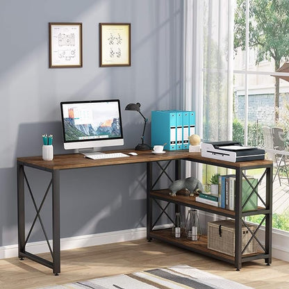 Tribesigns Reversible Industrial L-Shaped Desk with Storage Shelves, Corner Computer Desk PC Laptop Study Table Workstation for Home Office Small Space (Brown, 53")