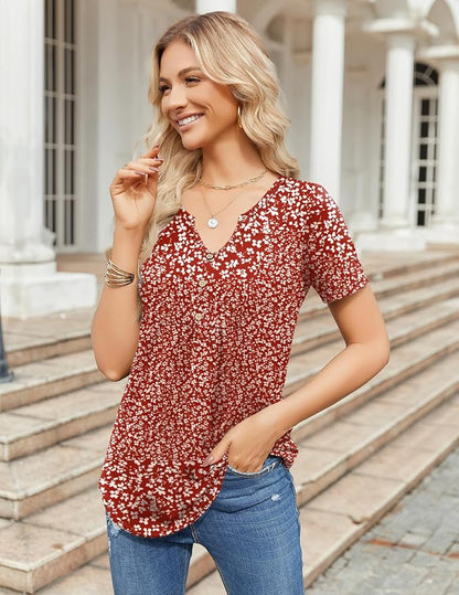 Zeagoo Womens Short Sleeve Tops Summer Henley V-Neck Tshirts Casual Pleated Blouse Dressy Loose Floral Basic Tee