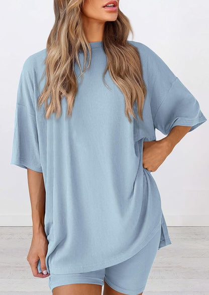 PRETTYGARDEN Women 2 Piece Lounge Set 2026 Summer Casual Oversized Shirts Biker Shorts Matching Airport Travel Outfit Clothes