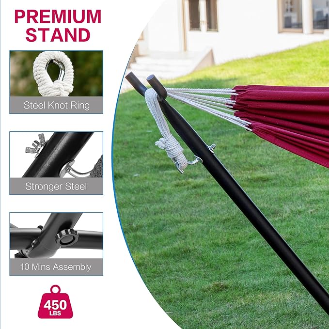 PNAEUT Double Hammocks with Stand for Outside, Portable Space Saving Heavy-Duty Steel Stand for Indoor Outdoor Patio with Carrying Bag, 450 lbs Capacity (Cherry)