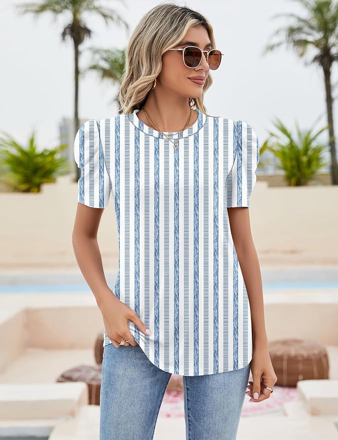 Ivicoer Puff Short Sleeve Shirt for Women Eyelet Tops Summer Crewneck Blouse Loose Fit S-XXL