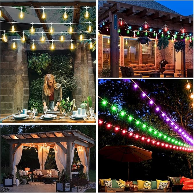 Mlambert 48FT Outdoor Patio Lights, 6 Lighting Modes RGB Cafe String Lights with 15 Dimmable LED Shatterproof Bulbs for Deck Porch Gazebo-White 1 Pack