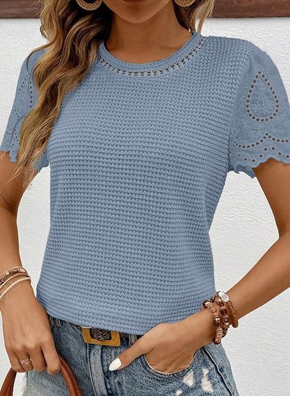 SHEWIN Womens Frenchy Summer Tops Crewneck Short Sleeve T Shirts Casual Waffle Knit Jacquard Blouses Top Shirts