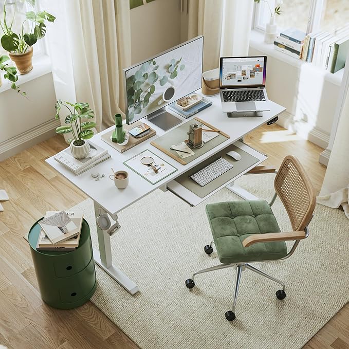 Height Adjustable Desk with Keyboard Tray, 48 x 24 Inches Electric Standing Desk, Stand up Computer Table with Memory Preset, Modern Lift Motorized Gaming Workstation, White