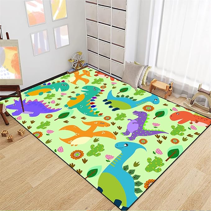 Dinosaur Carpet for Boys Room Dinosaur Play Rug Kids Rug Cartoon Dinosaur Carpet Dino Rug Dinosaur Area Rug for Bedroom Livingroom Playing Room,Green 4'5''×6'