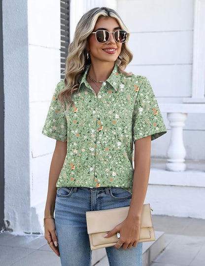 Zeagoo Button Down Shirts for Women Short Sleeve Collared Tops Dressy Casual V Neck Blouses