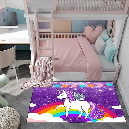 Unicorn Rugs for Girls Bedroom Unicorn Area Rugs for Girls Bedroom Rainbow Carpet Kids Unicorn Rugs for Bedroom Girls Living Room Floor Mat, Purple, 3'×5'
