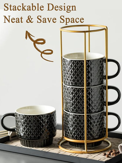 Gomakren Coffee Mugs Set of 4, 13oz Stackable Coffee Cups with Stand, Black | Gloss Embossed Stoneware, Gold Rack & Spoons | for Coffee, Milk, Tea, Cocoa, Daily & Gifting Use | Microwave/Dishwasher Safe