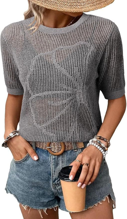 Dokotoo Womens Summer Short Sleeve Crochet Tops Hollow Out Floral Sweaters Beach Vacation Cruise Outfits