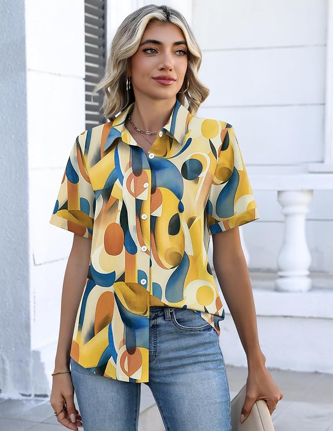 Zeagoo Button Down Shirts for Women Short Sleeve Collared Tops Dressy Casual V Neck Blouses