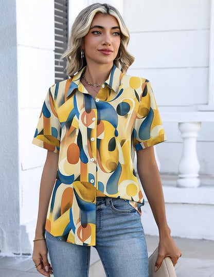 Zeagoo Button Down Shirts for Women Short Sleeve Collared Tops Dressy Casual V Neck Blouses