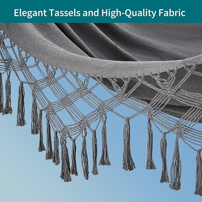 JoyView Boho Macrame Double Hammock with Hanging Ropes & Elegant Tassels 86.6x59 Portable Cotton Hammock for Patio Backyard Porch 450LBS Weight Capacity Perfect for Outdoor/Indoor - Dark Grey