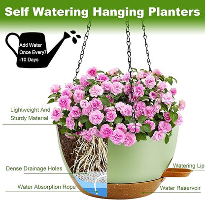 10 inch Hanging Planters for Indoor Plants, 3 Pack Self-Watering Hanging Planter Pots with Chain and Drainage Holes, Outdoor Plastic Hanging Baskets for Garden Home Decor