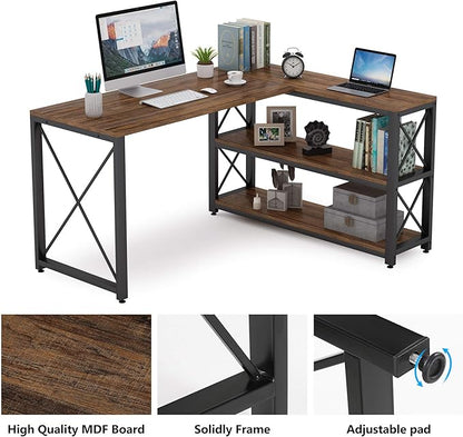 Tribesigns Reversible Industrial L-Shaped Desk with Storage Shelves, Corner Computer Desk PC Laptop Study Table Workstation for Home Office Small Space (Brown, 53")