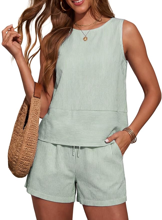 LOMON Women's Trendy 2 Piece Outfits Shorts Sets Summer Crew Neck Sleeveless Tank Top and Bottom Matching with Pockets 2026